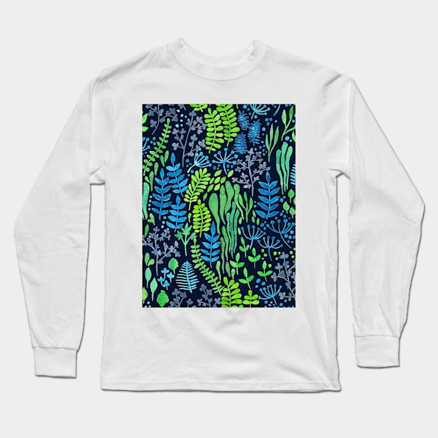 Watercolor floral doodles dark background Long Sleeve T-Shirt by katerinamk